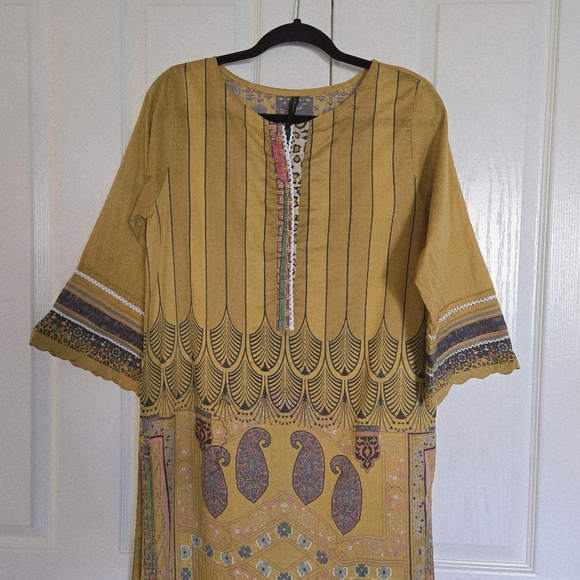 Printed Long Top Yellow Kameez 100% Cotton Causal Wear Dress Size L - Picture 2 of 9